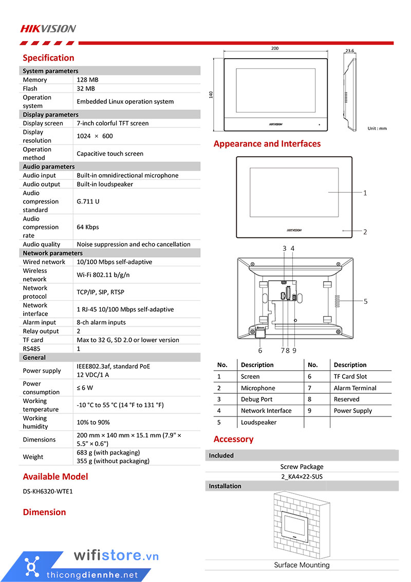 DS-KH6320-WTE1 | Màn hình hiển thị chuông cửa IP hãng Hikvision