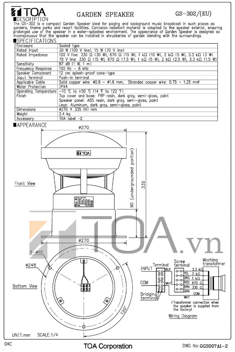 Toa Gs TOA GS-302 | Loa sân vườn công suất 30W, chịu nước tuyệt đối