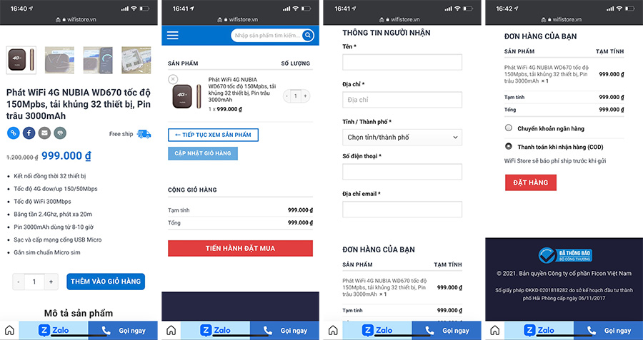 Đặt hàng và thanh toán tại WiFi Store