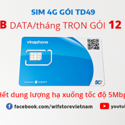 Sim 4G Vinaphone Gói TD49 Mỗi Tháng 100GB Trọn Gói 12 Tháng, Data Tốc Độ Cao