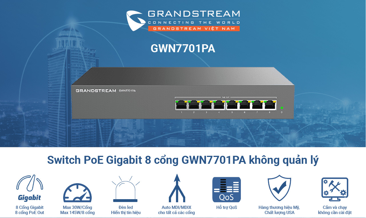 Grandstream GWN7701PA | Switch chia mạng 8 Cổng PoE chuẩn Gigabit