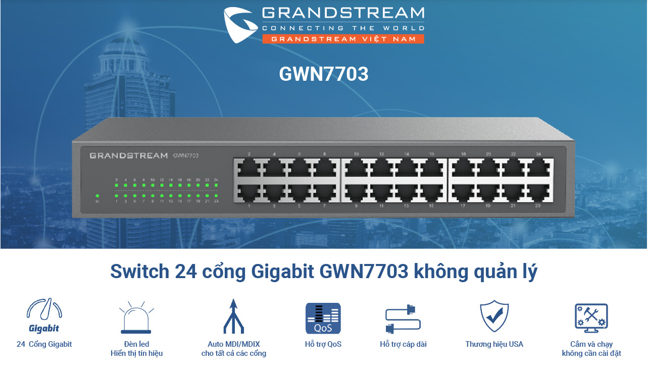 Grandstream GWN7703 | Switch chia mạng 24 Cổng Gigabit