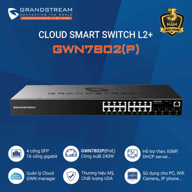 Grandstream GWN7802 | Switch 8 Cổng Gigabit Layer 2+, 4 cổng Gigabit SFP 