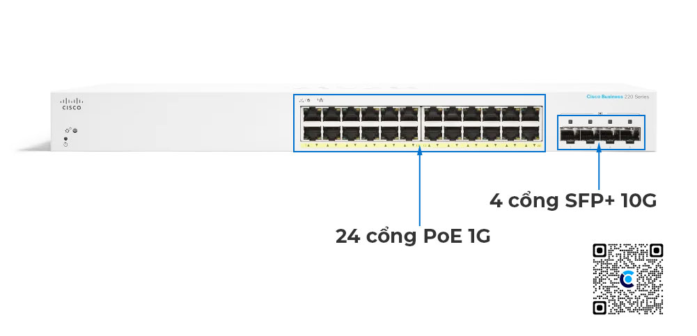 Cisco CBS220-24FP-4X-EU | Switch chia mạng 24 Port PoE Gigabit, tổng công suất 382W