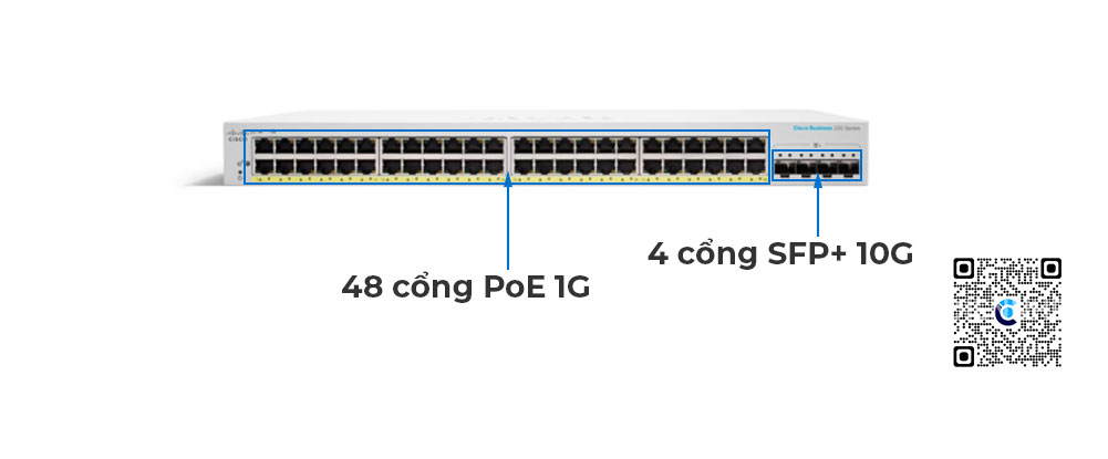 Cisco CBS220-48FP-4X-EU | Switch chia mạng 48 Port PoE Gigabit, tổng công suất 740W