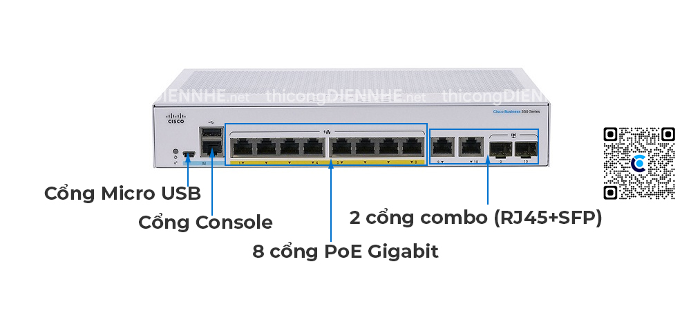 Cisco CBS350-8FP-2G-EU | Switch chia mạng 8 PoE Gigabit Port, tổng công suất 120W