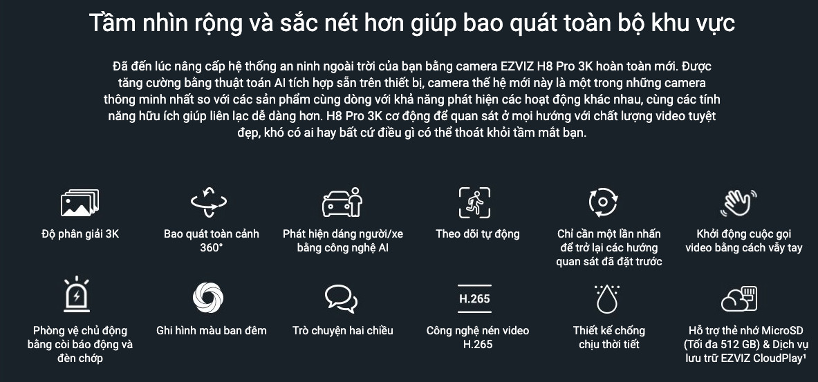 Ezviz H8 Pro 3K Camera trong nhà xoay ngang 360°, độ phân giải 2880 x 1620