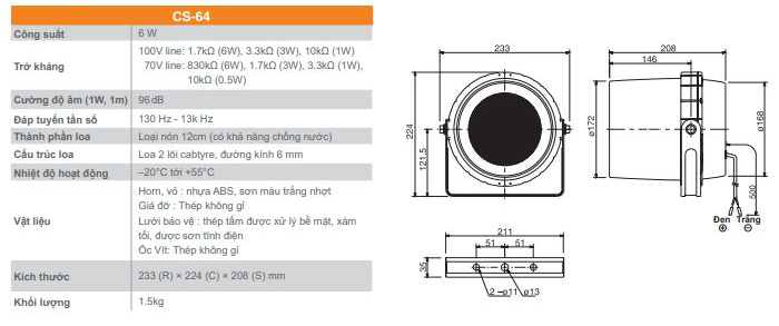 CS-64 TOA 6W | Loa nén dải rộng chống nước